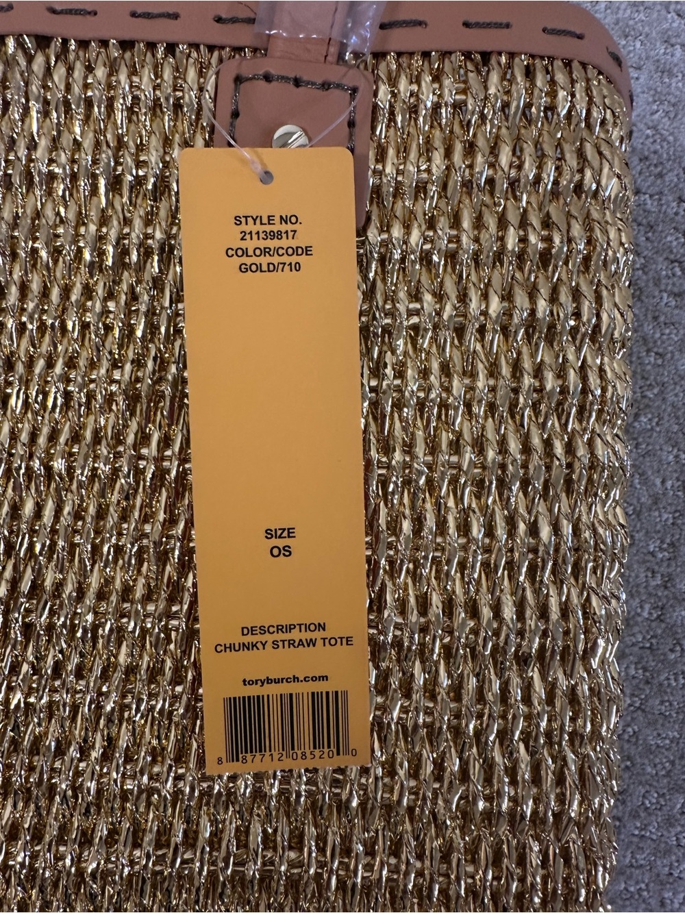 Tory Burch Chunky Straw Tote with Tassel Accents in Gold. - Picture 3 of 3